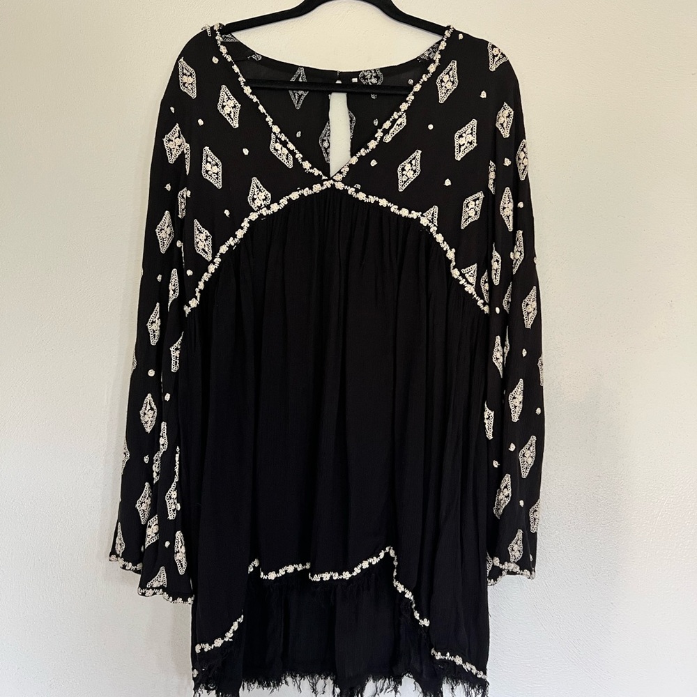 Free People Black and Cream Embroidered Tunic